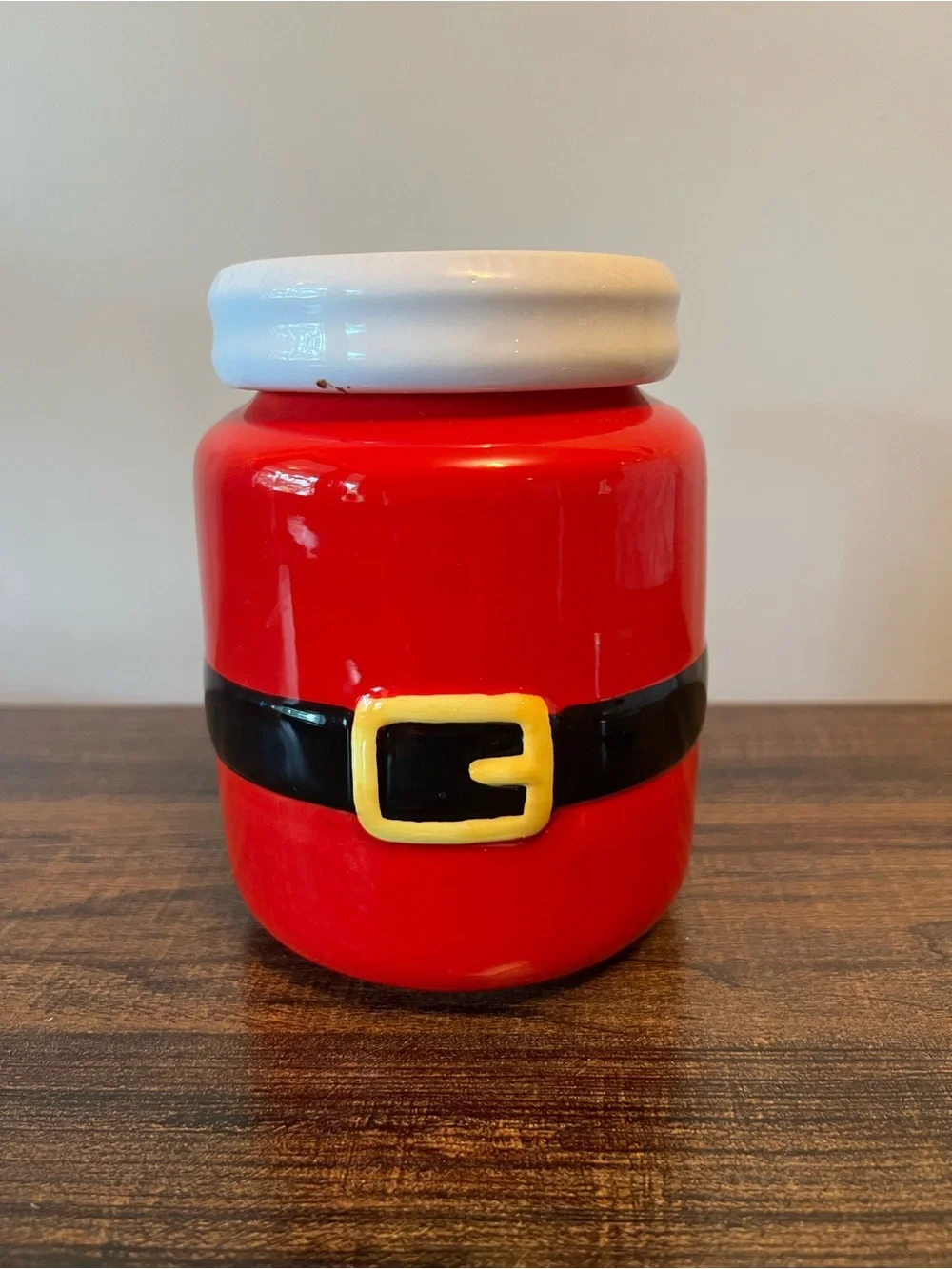 Red Santa Claus Christmas Belt Belly Ceramic Container Jar